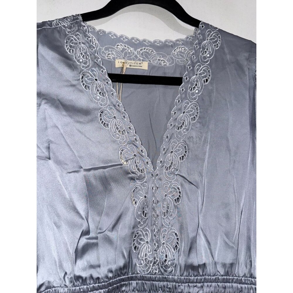 Lovestitch  Women's Long Sleeve Embroidered Lace Trim Dress Light Gray Polyester - Picture 3 of 10